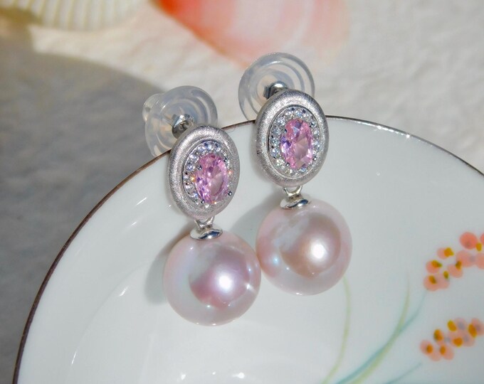 Pink CZ Tone Freshwater Pearl Earrings | Cluster Pearl Earrings | 12mm | Pastel Lavender | White Gold plated Silver | AAA | Drop Earrings