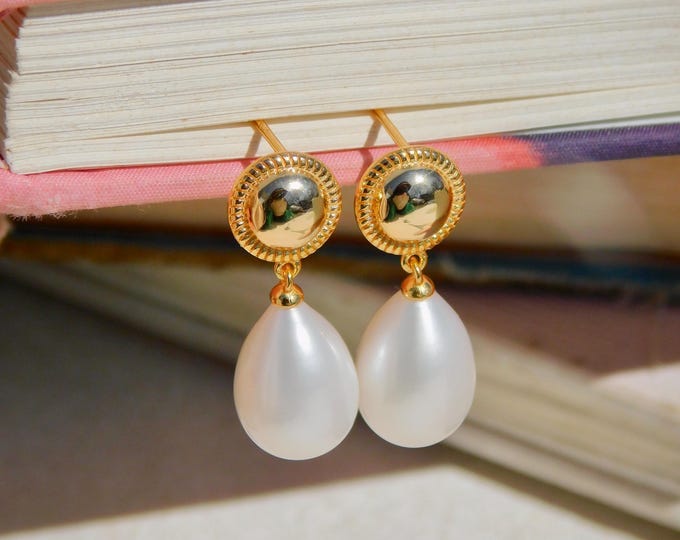 Vermeil Long Teardrop Pearl Earrings: Freshwater Pearls, 10.1mm, AAA, Drop Earrings