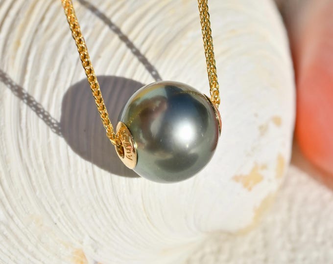 Floating Tahitian Pearl Necklace: 9.4mm, Gray Green, Solid 18K Gold Pin-End Chain, AAA Luster