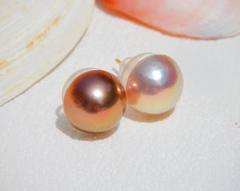 Mismatched Mabe Pearl Studs: Solid 18K Gold, Rosy Copper & Pistachio