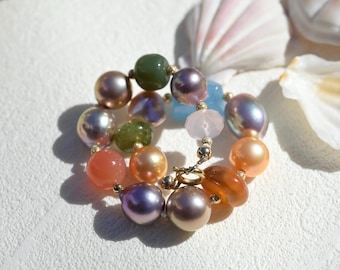 Multi-Color Pearl & Gemstone Bracelet: Gold Filled Clasp, Agate, Amethyst