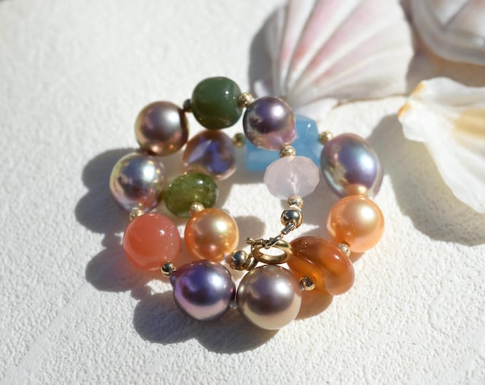 Multi-Color Pearl & Gemstone Bracelet: Gold Filled Clasp, Agate, Amethyst