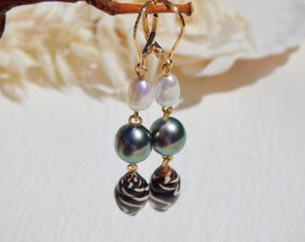 Tahitian Pearl and Seashell Earrings | Solid 18K Gold Lever Back | Freshwater Keshi | AAA+ | Long Tahitian Drop Earrings | Peacock | White