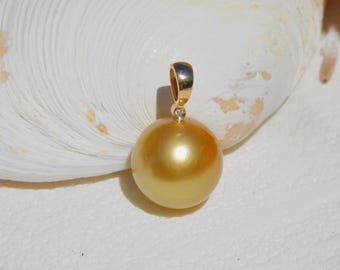 12.5mm Golden South Sea Pearl Pendant | Solid 18k Gold | Natural Diamond | AAA | Deep Tone Golden Pistachio | Au750 | Round | Saltwater
