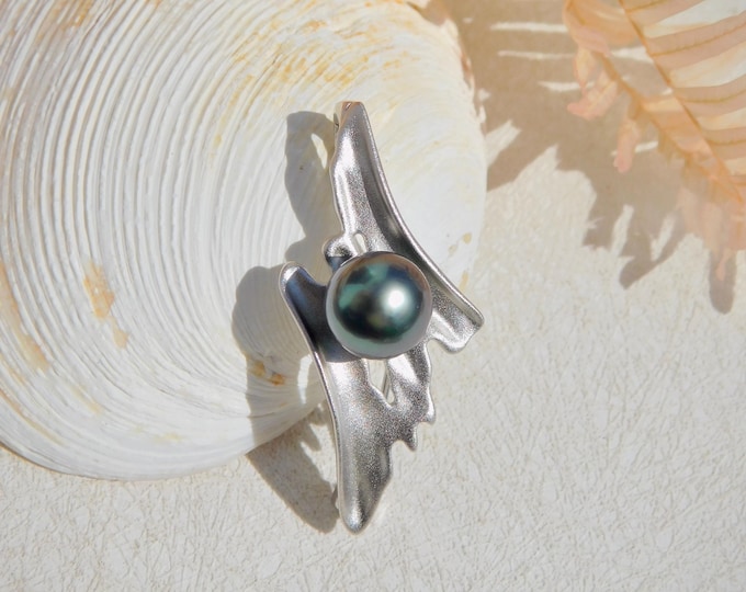 9.8mm Tahitian Pearl Brooch/Pendant | Abstract Matte Finish | S925 Silver | Deep Aubergine Blue | AAA | Black Pearl Brooch | Pin | Pendant
