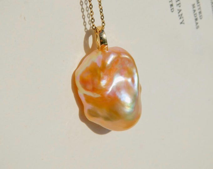 Coral Gold Baroque Pearl Pendant | Metallic | Rare Color | 17mm *23mm | Solid 18K Gold Bail ( No Chain) | Freshwater Pearl | Fireball | AAA+