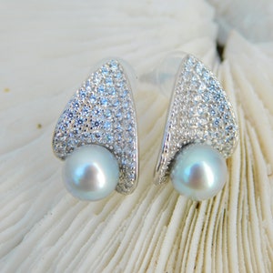 Cluster Errings Pastel Blue Akoya Pearl Earrings White Gold Plated over Silver Japanese Akoya Pearls AAA 6.7mm Modern Design image 8