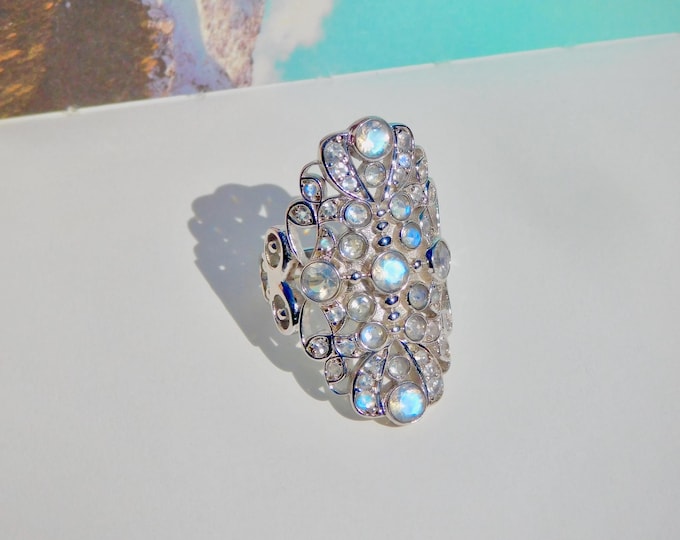 Blue Moonstone Lace Sterling Ring | Filigree Lace Ring | Blue Gemstone | Natural Moonstone | Top Graded | Statement Ring | Cocktail Ring