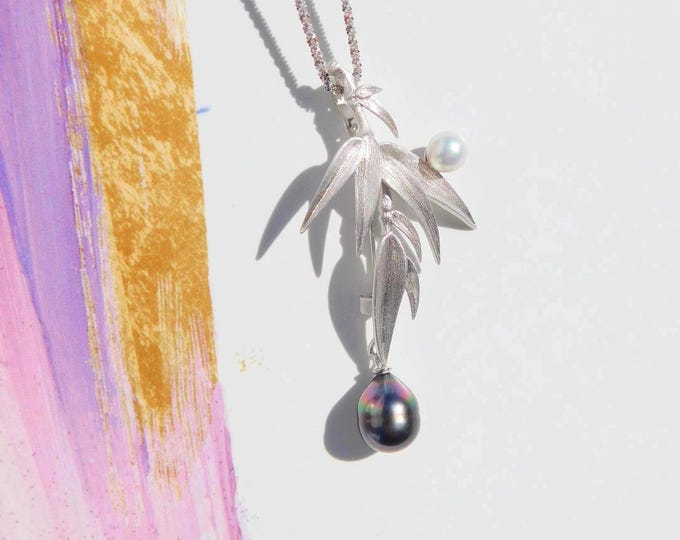 Akoya Pearl & Tahitian Pearl Bamboo Brooch Pendant: Sterling Silver Bamboo Pin, Multi-purpose