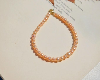 Small Pearl Bracelet | Bright Coral Gold | Very High Luster | 4mm to 5.3mm | AAA+ | Petite Pearls | Solid 18k Gold | 6.5-6.75 Inches Wrist