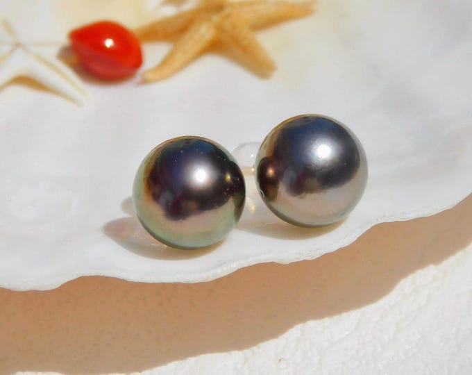 10.1mm Tahitian Pearl Studs | Deep Green Black | AA+ | Round | Solid 18k Gold | Tahitian Pearl | Black Pearl Studs | Au750 | Saltwater
