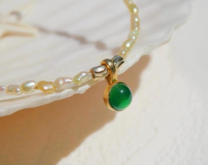 Petite Japanese Keshi Necklace with Jade Charm | AAA | 2mm | Free Form Saltwater Pearls | 17 inches | Layering | Stacking Necklace | Cream