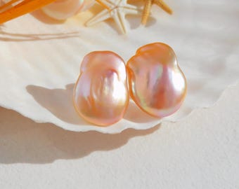 Coral Pink Large Freshwater Pearl Studs | 17mm * 22mm | Metallic Peach | Solid 18k Gold Studs | Salmon Color | Large Baroque Pearl Earrings
