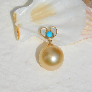 13mm Light Golden South Sea Pearl Pendant Solid 18K Gold Bail AAA Mother of Pearl and Turquoise Saltwater Pearl Pendant image 2