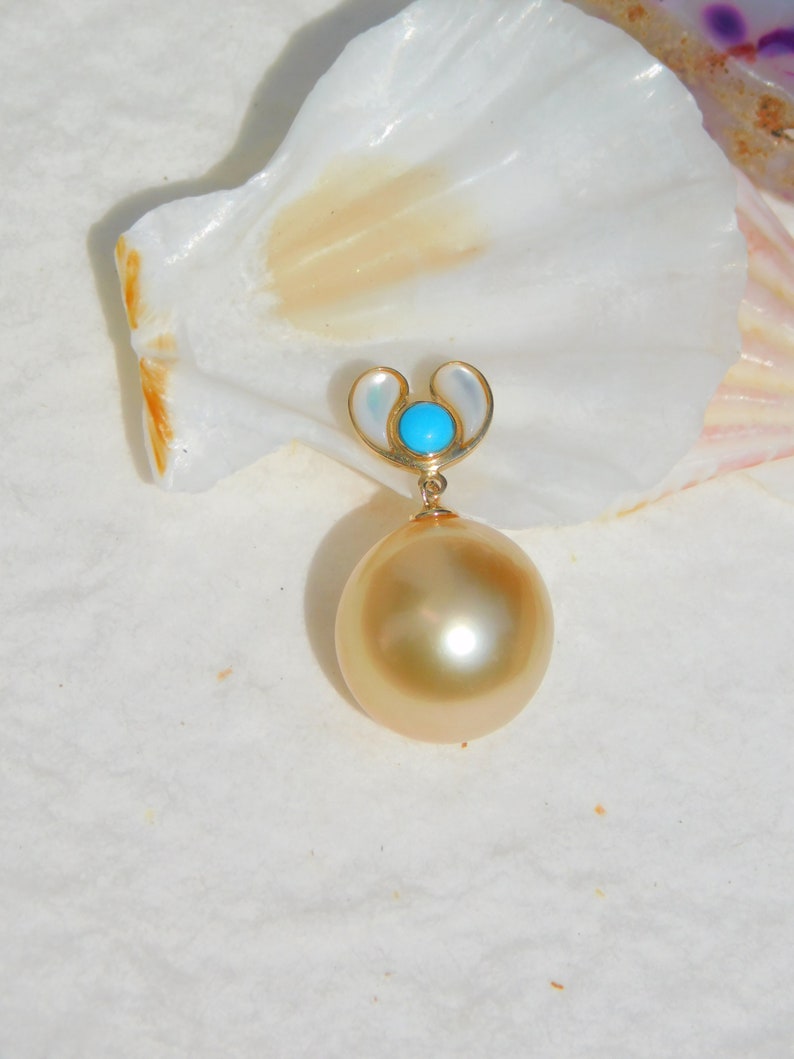 13mm Light Golden South Sea Pearl Pendant Solid 18K Gold Bail AAA Mother of Pearl and Turquoise Saltwater Pearl Pendant image 2