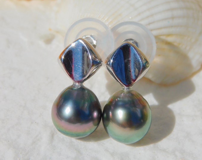 10.5mm Tahitian Pearl Vermeil Earrings | AAA | White Gold over Silver | Drop Earrings | South Sea Pearls | Pastel Green with Pink Overtone