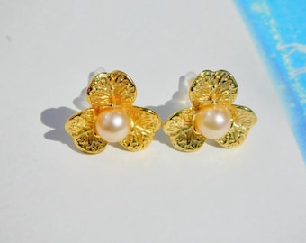 5.8mm Cream Akoya Pearl Flower Earrings | Vermeil Texture Flower Studs | Gold Plated Silver | AAA | Three Petal Flower | Saltwater Pearls
