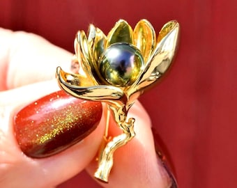 Tahitian Pearl Lotus Flower Brooch: Gold Plated Over Sterling Silver, S925, Peacock, AAA