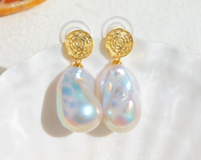 Vermeil Large Baroque Pearl Earrings | 15*23mm | Gold Discs | AAA+ | Gold plated Sterling Silver | Statement Earrings | Fireball Pearls