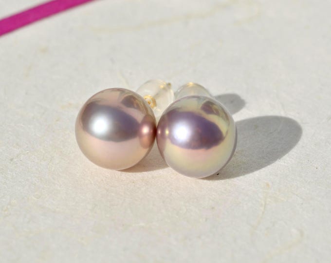 Freshwater Pearl Studs: Solid 18K Gold, 10.4mm, Mauve Pink Pistachio, AAA+, Pink Pearl Studs