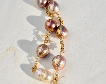 Kasumi-like Pearl Tin Cup Bracelet: 14K Gold Filled Rolo Chain, 6.5-inch Wrist, Kasumi-like