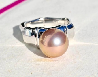 12.2mm Super Metallic Freshwater Pearl Ring: White Gold Sterling Silver, AAA+, 8 3/4 US Size, Pink