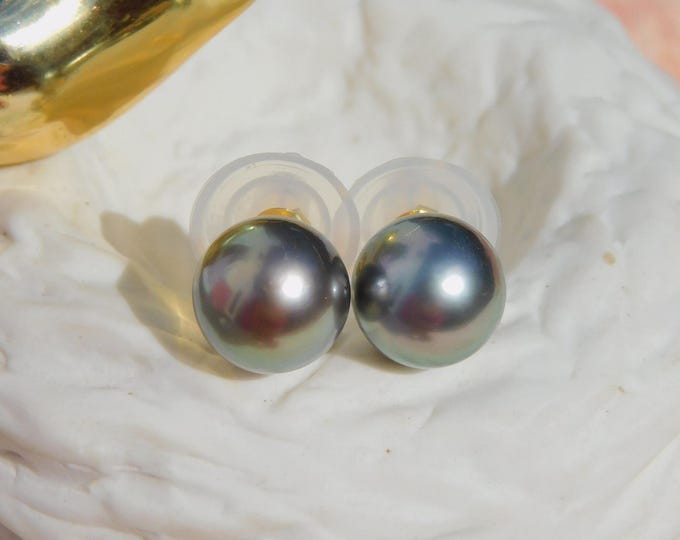 10mm Tahitian Pearl Studs | Seaweed Green | AAA | Round | Solid 18K Gold Studs | South Sea Pearl | Saltwater Pearl Studs | Black Pearl Studs