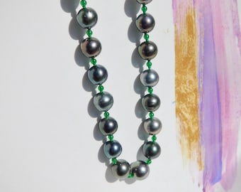 Deep Green Tahitian Pearl jadeite Necklace | Green Guatemalan Jadeite | 17.5 Inches | AA+ | Gem Green | 9K Gold Clasp | Black Pearls