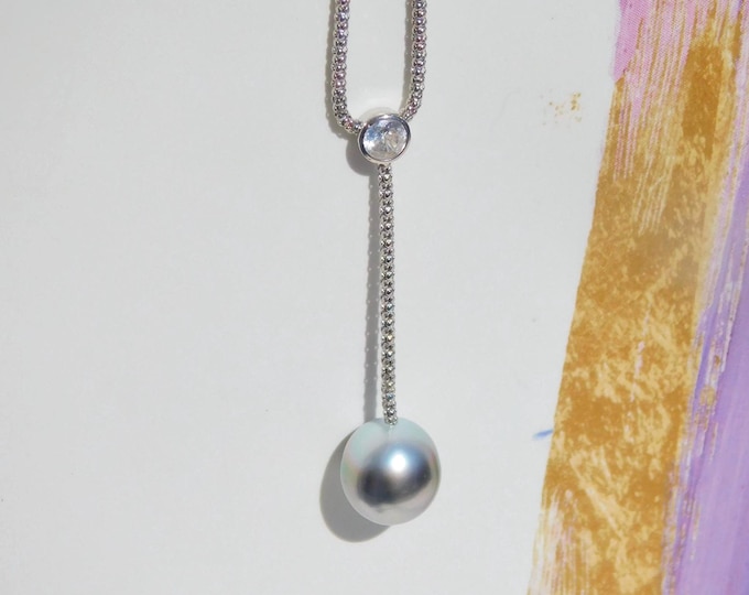 10.8mm Tahitian Pearl Lariat & Y Necklace | Silver Gray | Adjustable Sterling Silver Popcorn Chain |  Saltwater Pearl | Silver Y Necklace