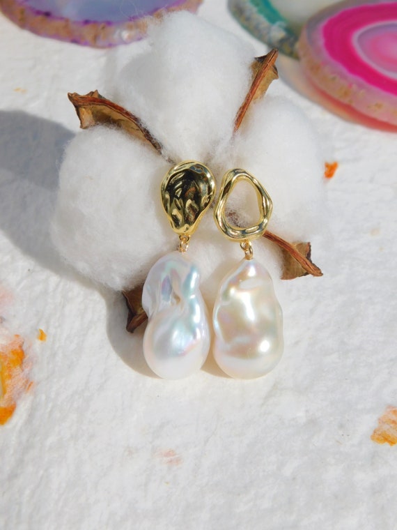 Large Baroque Pearl Vermeil Earrings | Mismatched Earrings | AAA | Gold Over Sterling Silver with CZ | Fireballs | White