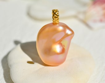 Baroque Pearl Pendant: Coral Golden, Solid 18K Gold Bail, 16.5mm *21mm, AAA+, Big Pearl Pendant