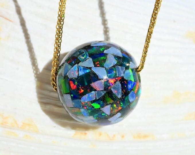 12mm Floating Australian Mosaic Opal Necklace: Solid 18K Gold, Opal Sphere Pendant, Blue, Green