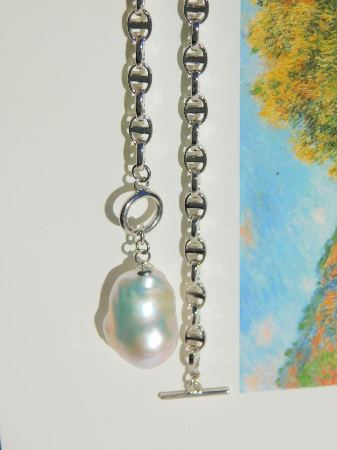 Sterling Silver Anchor Chain Necklace With Baroque Pearl Pendant 5mm