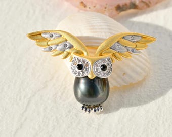 Tahitian Pearl Owl Brooch: Gold plated S925 Silver, 13.3mm, AAA, Animal Pin