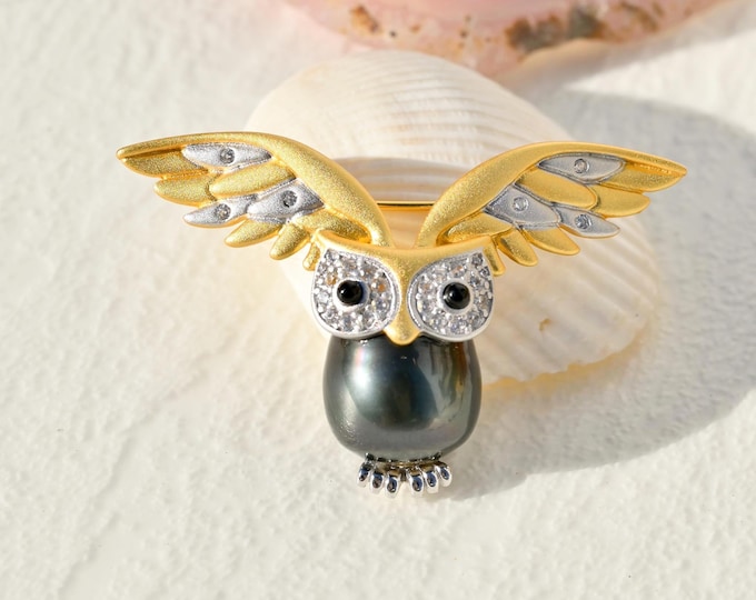 Tahitian Pearl Owl Brooch: Gold plated S925 Silver, 13.3mm, AAA, Animal Pin