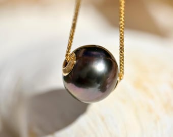 Floating Tahitian Pearl Necklace: Solid 18K Gold Pin-end Chain, 10.7mm Deep Aubergine, AAA+, Super Luster
