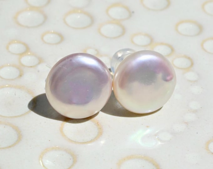 12.1mm Button Freshwater Pearl Studs: Coin Freshwater Pearls, Solid 18K White Gold, AAA