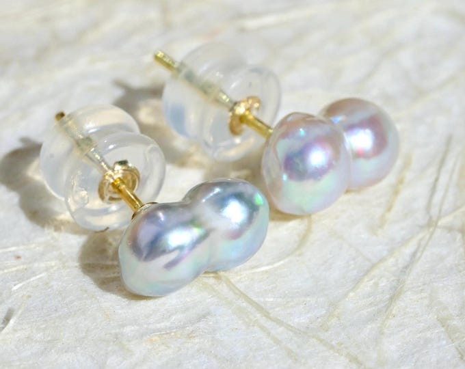 Pastel Blue Twin Akoya Pearl Stud Earrings: Solid 18K Gold,  5mm*8.5mm, Japanese Saltwater Pearls, AAA