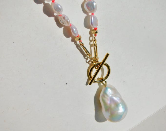 19.5 Inches Petal Pearl Necklace | Toggle Clasp | Gold Filled | Large Baroque Pendant | AAA+ | Freshwater Pearls | Stacking | Hot Pink