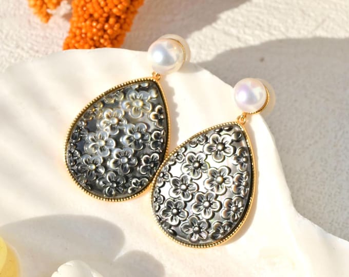 Large Drop Earrings: Freshwater Pearl &  Black Mother-of-Pearl, Carved Cherry Blossom, Vermeil