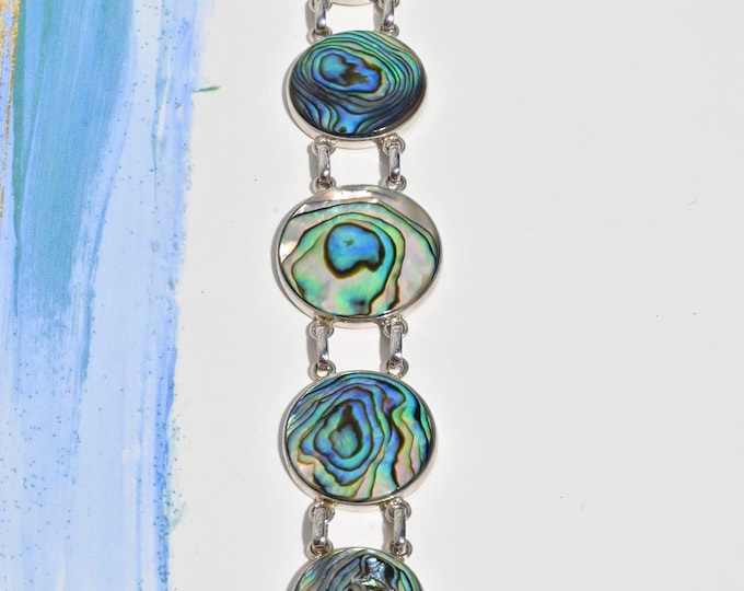 Iridescent Abalone Shell Bracelet: Peacock, Sterling Silver, Adjustable Length, Best Fit 6.25 to 7-inch Wrist Size