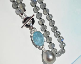 Gray Blue Moonstone & Tahitian Pearl Y Necklace: Blue Aquamarine, Gemstone and Pearl Necklace, Sterling Silver, 22 Inch