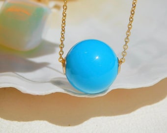 13.5mm Floating Turquoise Necklace | Vivid Sky Blue | Undyed | Hubei Turquoise | Solid 18K Gold Pin-end Chain | Authentic Turquoise | AAA+