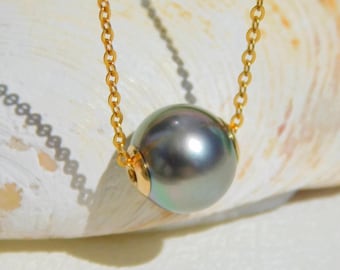 Floating Tahitian Pearl Necklace: Solid 18K Gold,  9.3mm,  Pastel Peacock, AAA