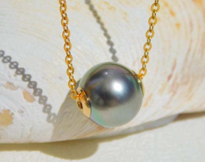 Floating Tahitian Pearl Necklace: Solid 18K Gold,  9.3mm,  Pastel Peacock, AAA