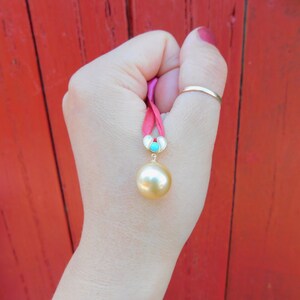 13mm Light Golden South Sea Pearl Pendant Solid 18K Gold Bail AAA Mother of Pearl and Turquoise Saltwater Pearl Pendant image 6