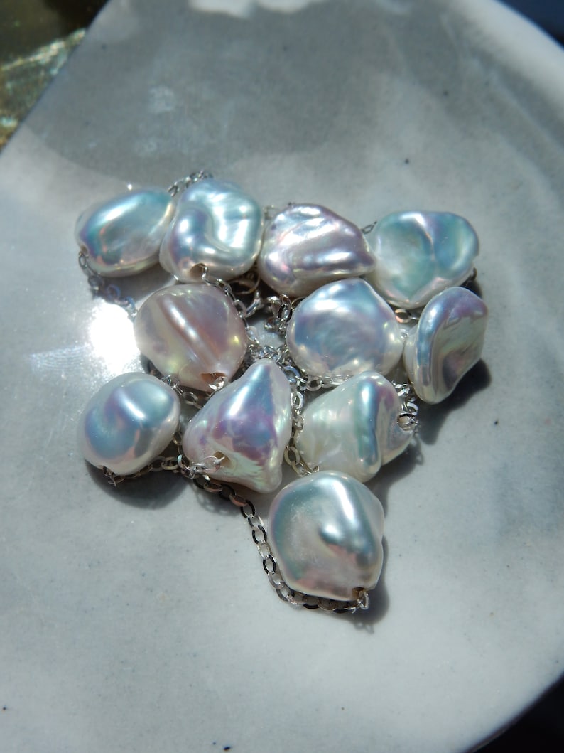 18K White Gold Chain Ready to ship Pearl Nugget Metallic Silvery White Keshi Pearl Satellite Necklace Dainty