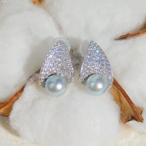 Cluster Errings Pastel Blue Akoya Pearl Earrings White Gold Plated over Silver Japanese Akoya Pearls AAA 6.7mm Modern Design image 10