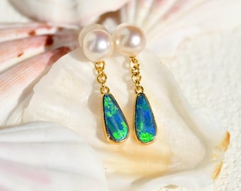 Akoya Pearl and Opal Drop Earrings:  Australian Doublet Opal,  AAA, Solid 14K Gold, Cream, Gemstone and Pearl, Dainty Dangle Earrings