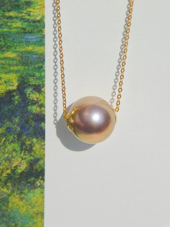 Metallic Bronze Mauve | 11.5mm Pearl Floating Pearl Necklace | AAA | Dainty | Solid 18kt Yellow Gold Pin-end Chain | Round | Freshwater